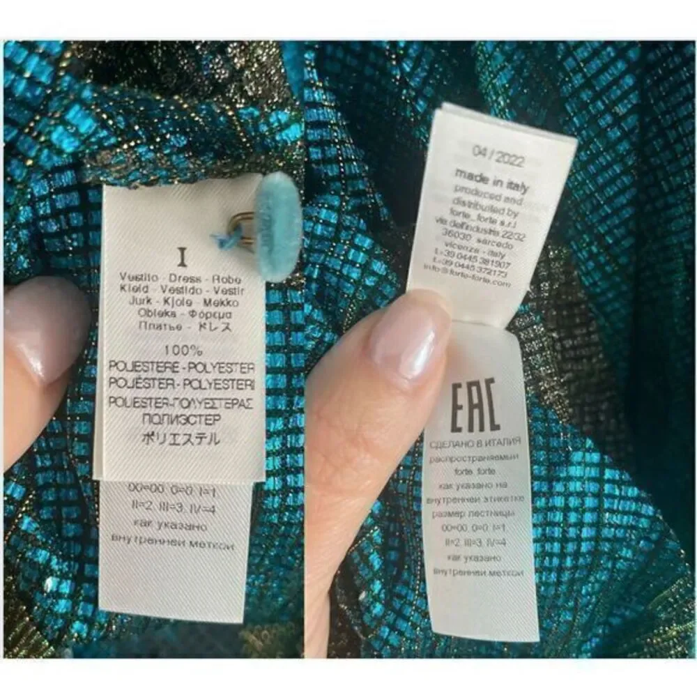 Forte Forte Kaftan Dress Pleated Lame Tulle Emerald Blue Metallic‎ Size 4 - Picture 12 of 16